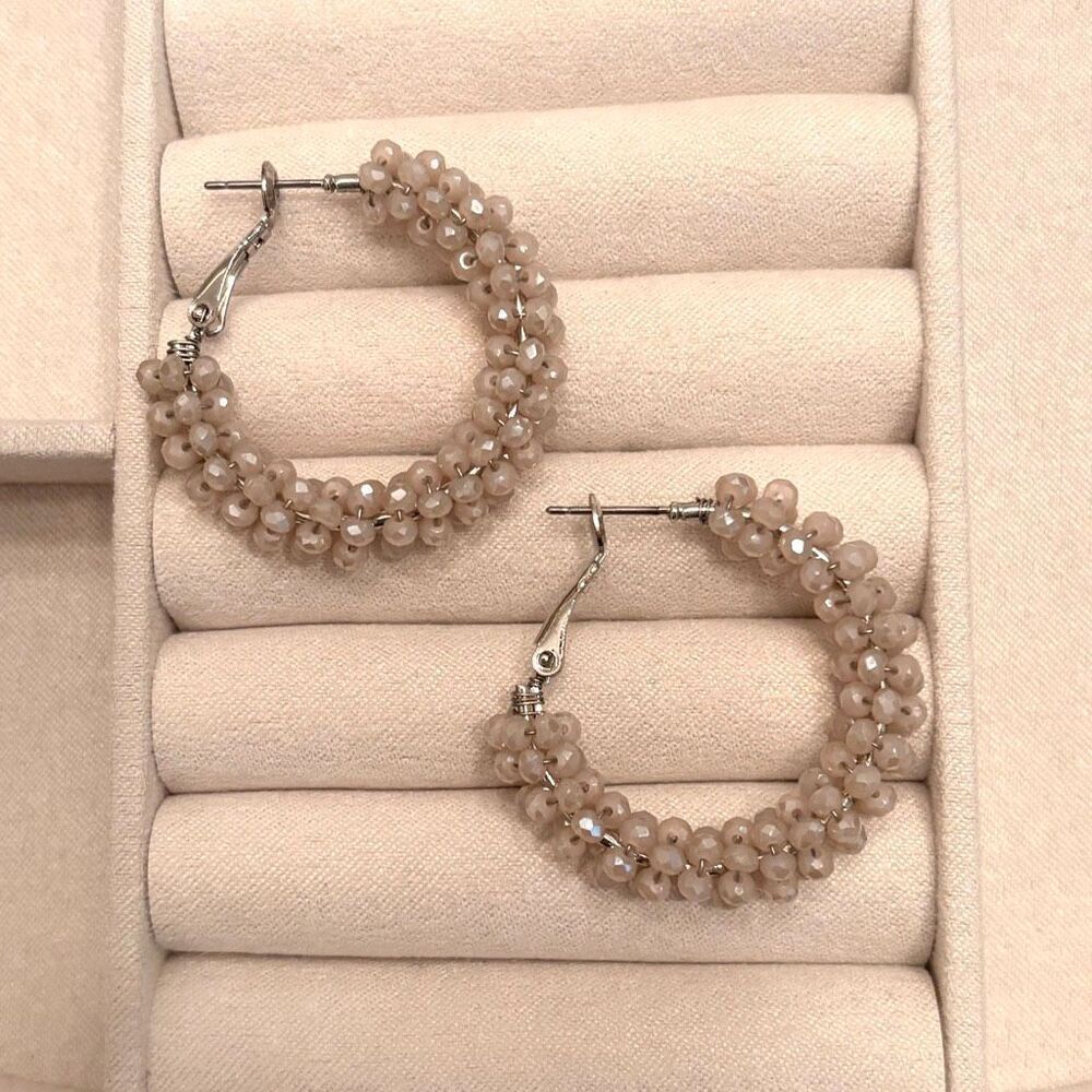 Beaded Hoop Earrings | 1 1/2” Diameter | Taupe